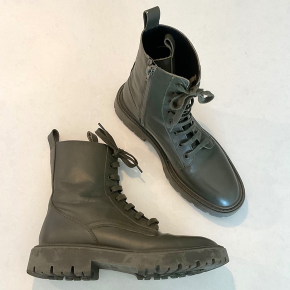 ZARA Leather Zip Up Army Green Combat Boots Size EU 38 7.5 - Picture 1 of 9